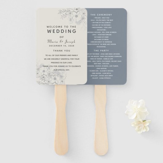Dusty Blue Floral Wedding Programme Fan Handwaaier (Voorkant en achterkant)