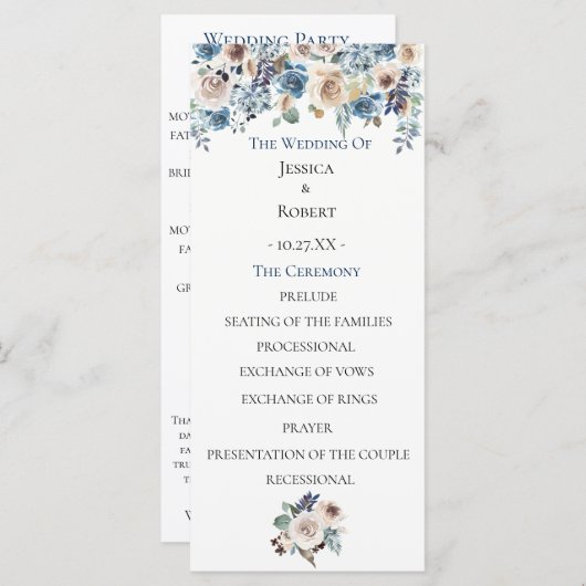 Dusty Blue Floral Wedding Programme Programmakaart (Voorkant / Achterkant)