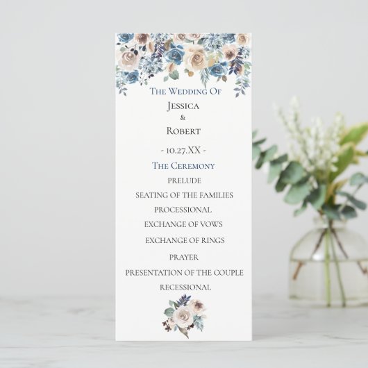 Dusty Blue Floral Wedding Programme Programmakaart (Staand voorkant)