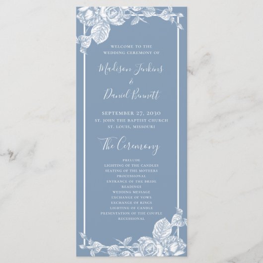 Dusty Blue Floral Wedding Programme Programmakaart (Voorkant)