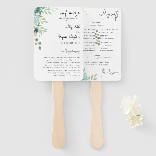 Dusty Blue Floral Wedding Programme set of Fans Handwaaier (Voorkant en achterkant)