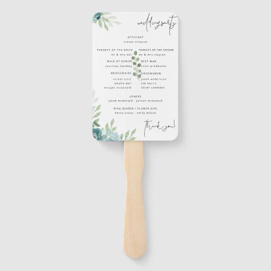 Dusty Blue Floral Wedding Programme set of Fans Handwaaier (Achterkant)