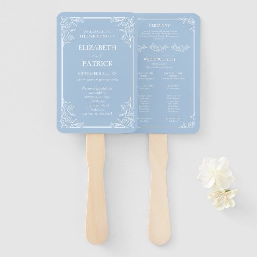 Dusty Blue Floral Wedding Programme set of Fans Handwaaier (Voorkant en achterkant)