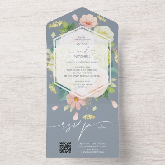 Dusty Blue Floral Wedding QR Code All In One Uitnodiging (Binnen)