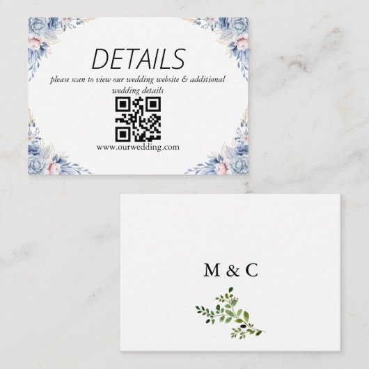 Dusty Blue Floral Wedding QR Code Informatiekaartje (Voorkant / Achterkant)