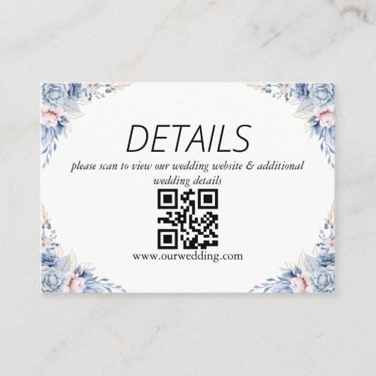 Dusty Blue Floral Wedding QR Code Informatiekaartje (Voorkant)