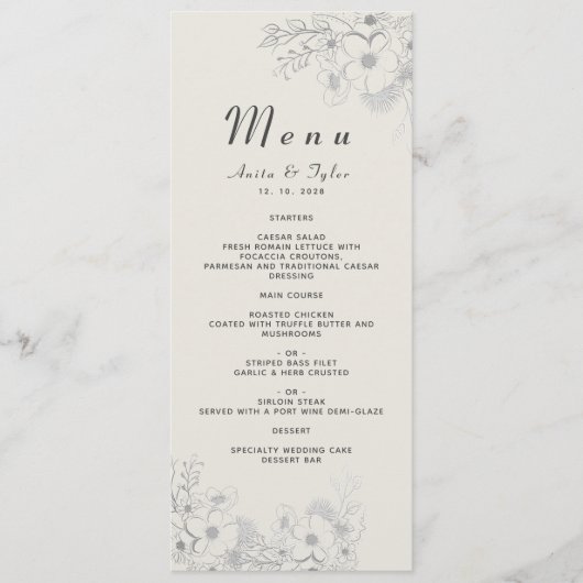 Dusty Blue Floral Wedding Receptie Menu (Voorkant)