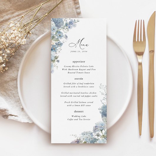 Dusty Blue Floral Wedding Reception Dinner Menu