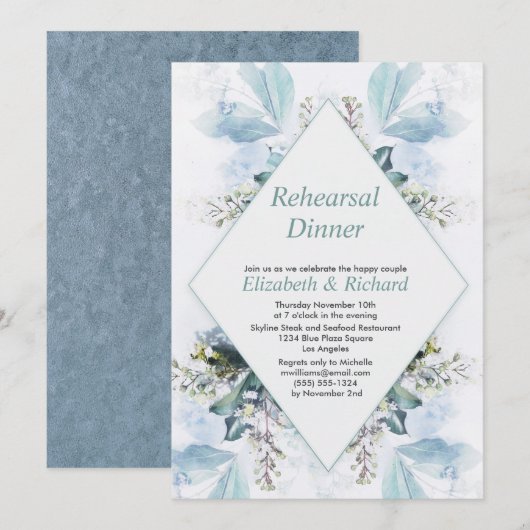  Dusty Blue Floral Wedding Repetitie Diner Kaart (Voorkant / Achterkant)