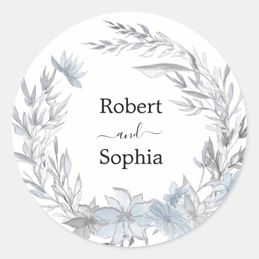 Dusty Blue Floral Wedding Ronde Sticker (Voorkant)