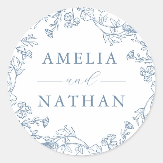 Dusty Blue  Floral Wedding Ronde Sticker (Voorkant)