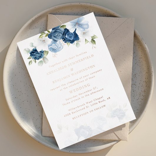 Dusty Blue Floral Wedding Roos Gold Folie Uitnodiging