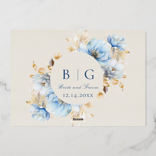 Dusty Blue Floral Wedding RSVP Folie Uitnodiging (Achterkant)