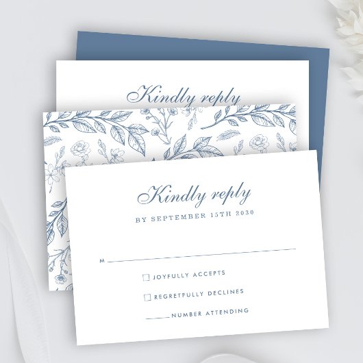 Dusty Blue Floral Wedding RSVP Kaart