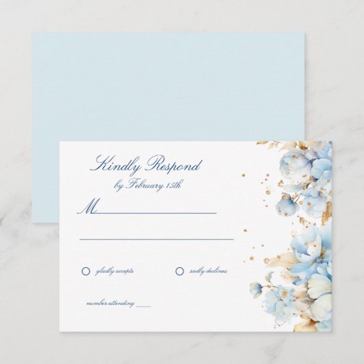 Dusty Blue Floral Wedding RSVP Kaartje (Voorkant / Achterkant)