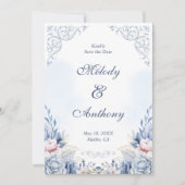 Dusty Blue Floral Wedding Save the Date (Voorkant)