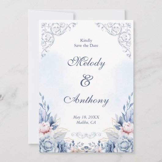 Dusty Blue Floral Wedding Save the Date (Voorkant)