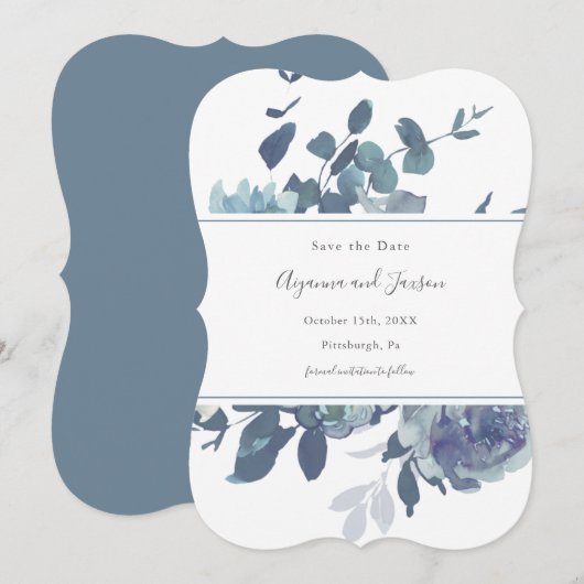 Dusty Blue Floral Wedding Save The Date (Voorkant / Achterkant)