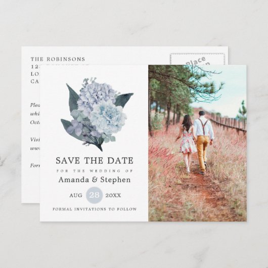 Dusty Blue Floral Wedding Save the Date Briefkaart (Voorkant / Achterkant)