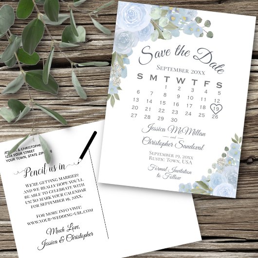 Dusty Blue Floral Wedding Save the Date Calendar Aankondigingskaart