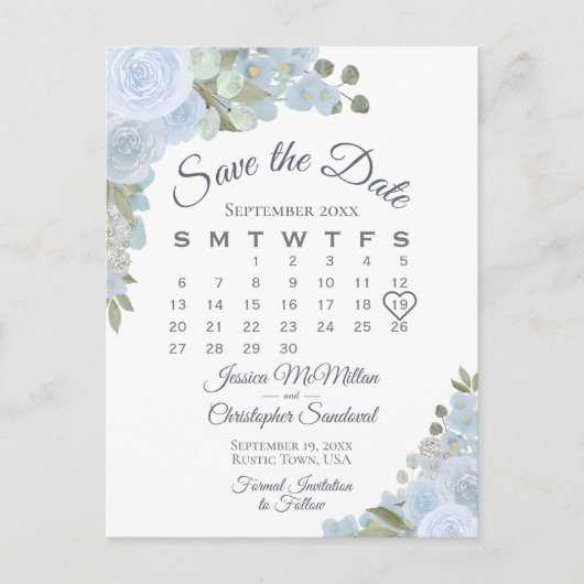 Dusty Blue Floral Wedding Save the Date Calendar Aankondigingskaart (Voorkant)