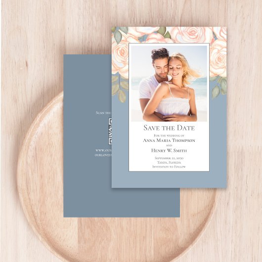 Dusty Blue Floral Wedding Save the Date Foto Kaart