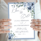 Dusty Blue Floral Wedding Save the Date Invitation Kaart