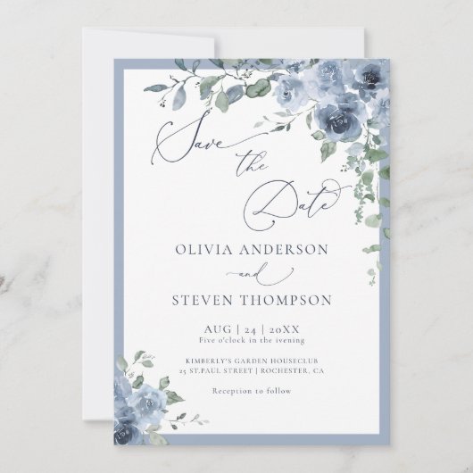 Dusty Blue Floral Wedding Save the Date Invitation Kaart (Voorkant)