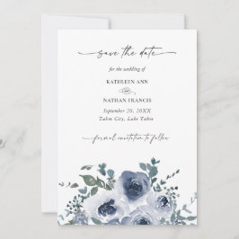 Dusty Blue Floral Wedding Save the Date Kaart