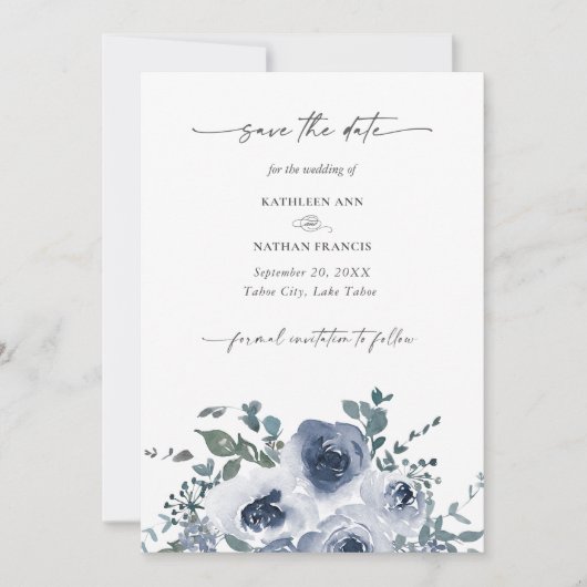 Dusty Blue Floral Wedding Save the Date Kaart (Voorkant)