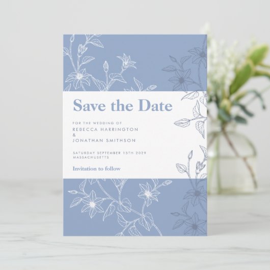 Dusty Blue Floral Wedding Save the Date Photo Card Kaart (Staand voorkant)