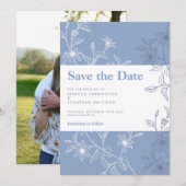 Dusty Blue Floral Wedding Save the Date Photo Card Kaart (Voorkant / Achterkant)