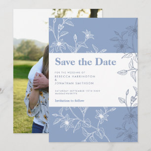 Dusty Blue Floral Wedding Save the Date Photo Card Kaart