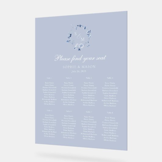 Dusty Blue Floral Wedding Seating Chart Acryl Bord (Hoek)