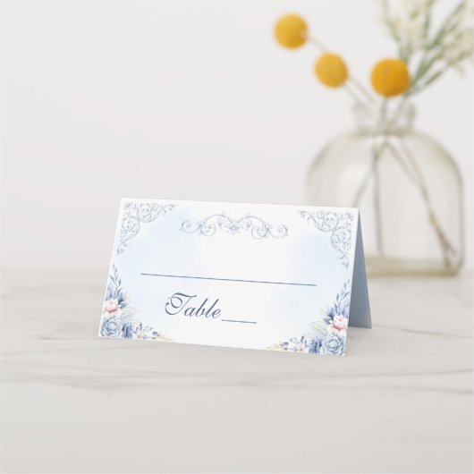 Dusty Blue Floral Wedding Table Number Plaatskaartje (Voorkant)