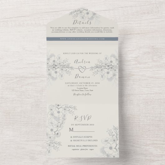 Dusty Blue Floral Wedding Uitnodigen All In One Uitnodiging (Binnen)