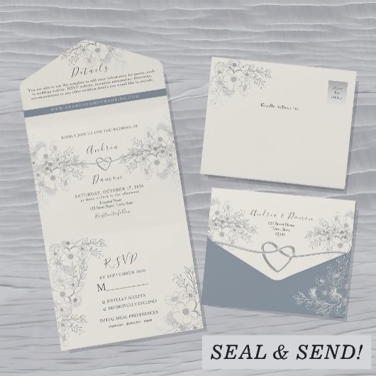 Dusty Blue Floral Wedding Uitnodigen All In One Uitnodiging