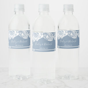 Dusty Blue Floral Wedding Waterfles Etiket