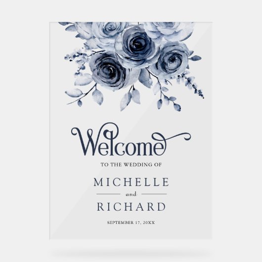 Dusty Blue Floral Wedding Welcome Acryl Bord (Voorkant)