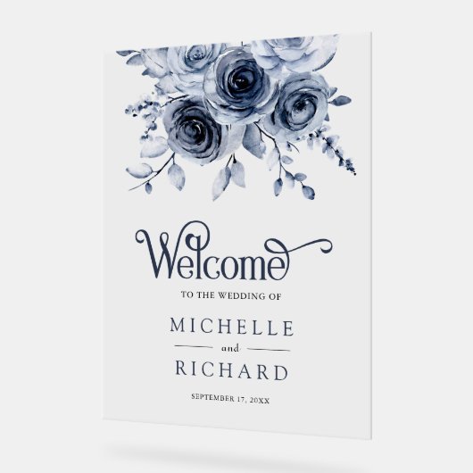 Dusty Blue Floral Wedding Welcome Acryl Bord (Hoek)