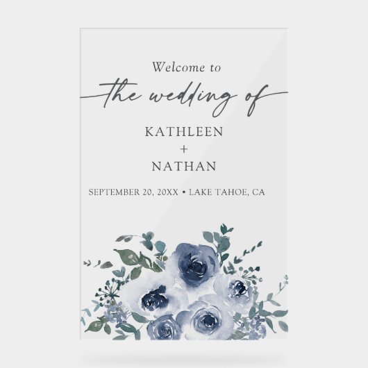 Dusty Blue Floral Wedding Welcome  Acryl Bord (Voorkant)