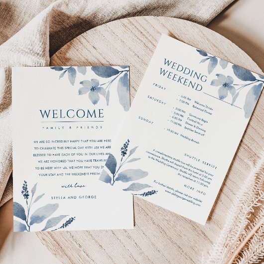 Dusty Blue Floral Wedding Welcome & Itinerary Kaar Kaart