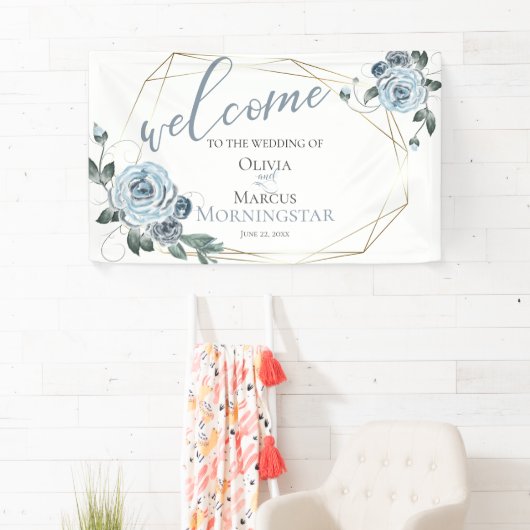 Dusty Blue Floral Wedding Welcome Spandoek (Insitu)