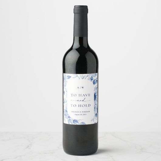 Dusty Blue Floral Wedding Wine Label Wijn Etiket (Voorkant)