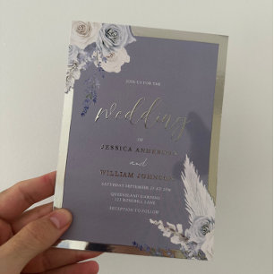 Dusty Blue Floral Wedding Zilver Folie Uitnodiging