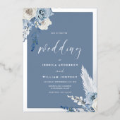 Dusty Blue Floral Wedding Zilver Folie Uitnodiging (Voorkant)