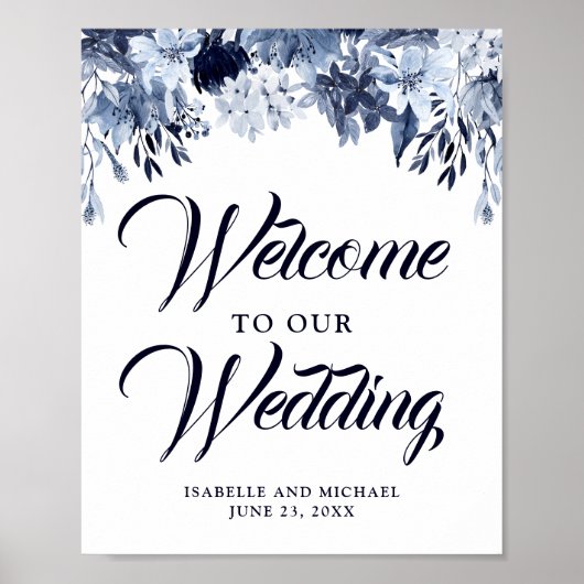 Dusty Blue Floral Welcome Wedding Sign Poster (Voorkant)