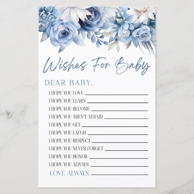 Dusty Blue Floral Wensen voor Baby shower Game (Voorkant)