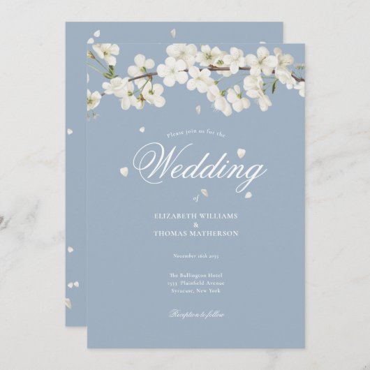 Dusty Blue  Floral White Blossom Wedding Kaart (Voorkant / Achterkant)