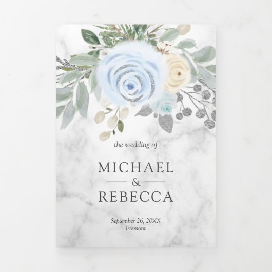 Dusty Blue Floral White Marble QR Code Weddenschap Drieluik Uitnodiging (Cover)